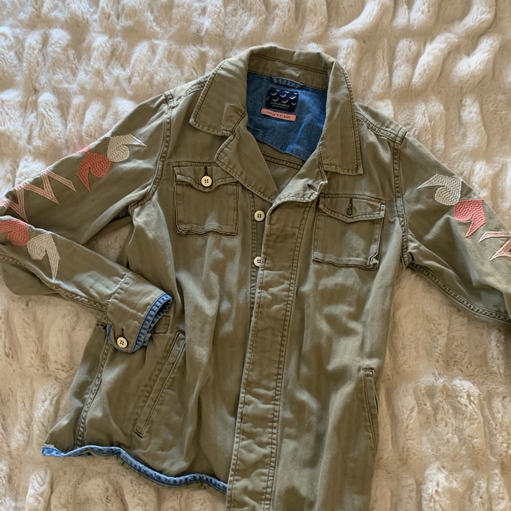 Olive/fatigue jacket w/ ivory & pink embroidery